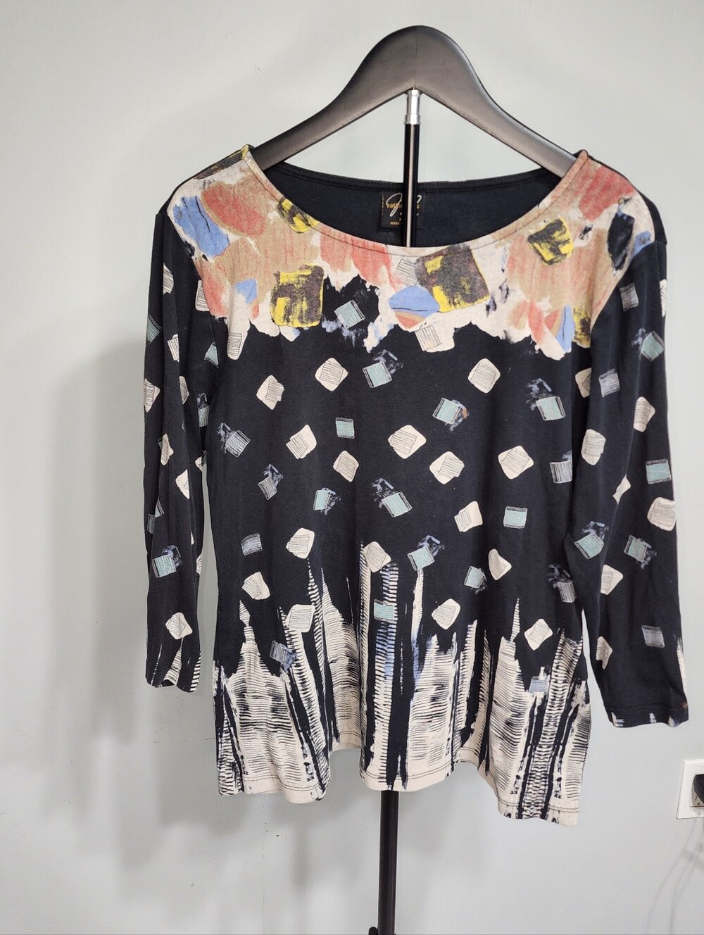 Vintage Katina Marie Art to Wear Top XL Made in USA Abstract Geometric Print 3/4